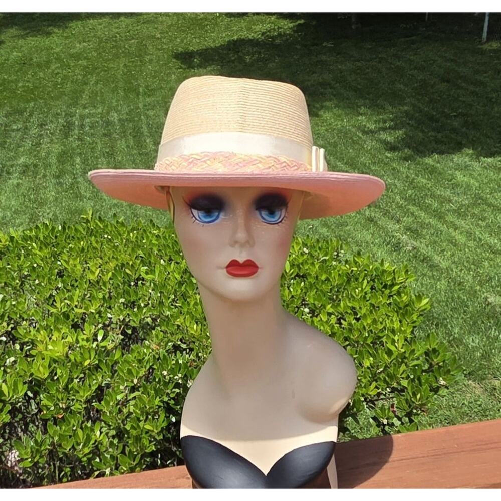 NWT Biltmore Milan Golf Hat Pink Tan Straw Derby Resort Hat Small - Picture 2 of 10